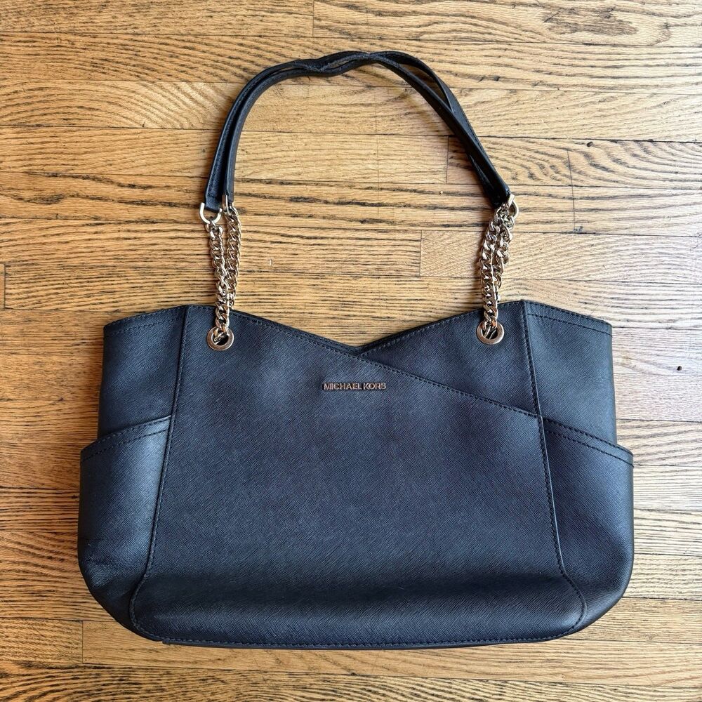 Michael Kors Black Saffiano Leather Large Tote Shoulder Bag Gold Chain MK Career
